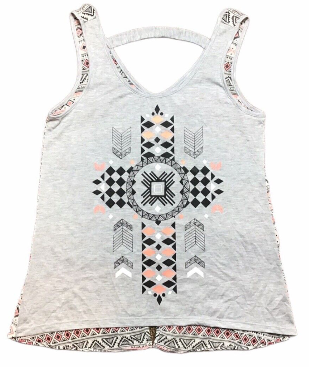 Hybrid Women's L Sheer Back Geometric Southwestern Aztec Tank Top Indie Festival